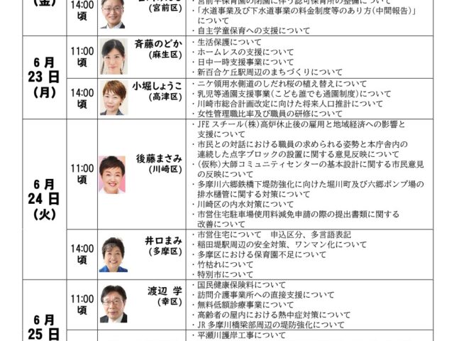 2025年6月川崎市議会定例会 一般質問お知らせ